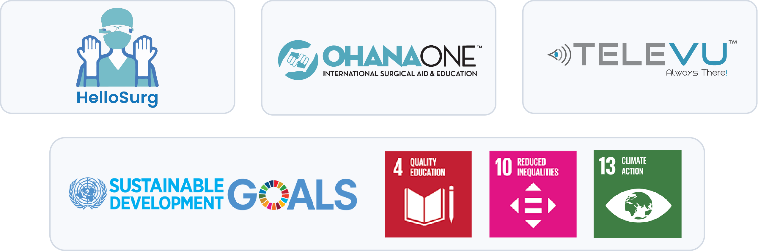 Logos for HelloSurg, Ohana One, TeleVu, and Sustainable Development Goals